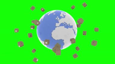  Videolar. Üç boyutlu illüstrasyon. Dünyayı dolaşmak. Paketler teslim edilmek üzere dünyanın etrafında döner..