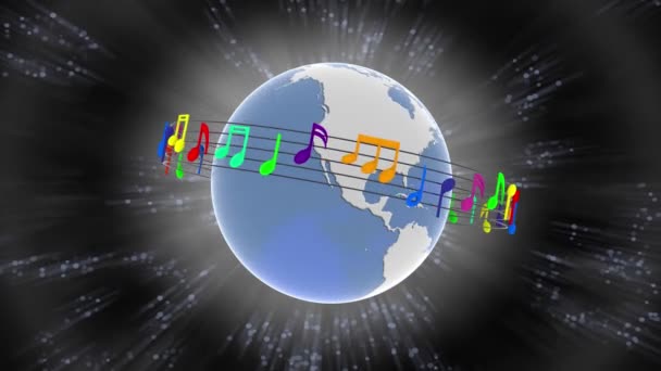 Video Illustrazione Pentagramma Musicale Ruota Intorno Mondo Sullo Sfondo Universo — Video Stock