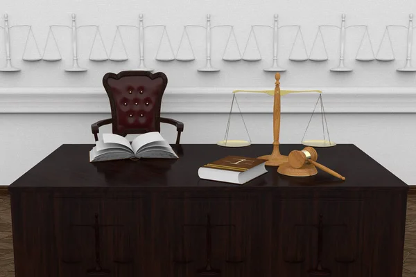 Иллюстрация Символы Закона Справедливости Покоящиеся Отражающем Самолете — стоковое фото