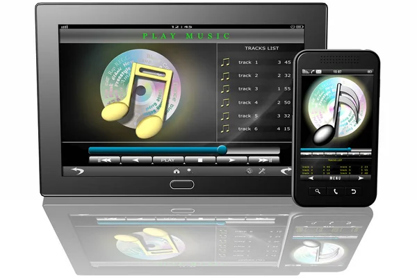 3Dイラスト 音楽を聴くアプリケーションを備えたタブレットスマートフォン — ストック写真