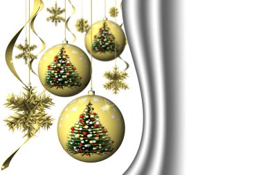 Noel zamanı. Yılbaşı süslemesi ve metin için yer. Beyaz arkaplan.