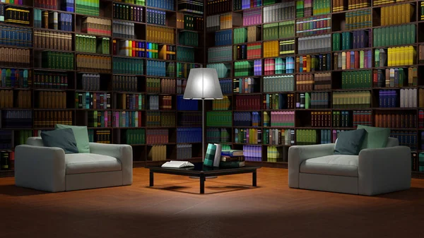 Illustration Large Bookcase Inserted Elegant Living Room Wooden Furniture Lighting — Stock Photo, Image