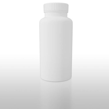 Üç boyutlu illüstrasyon. İlaç konteynırı. Beyaz arkaplanda yansımalı ilaçlar ve konteyner.