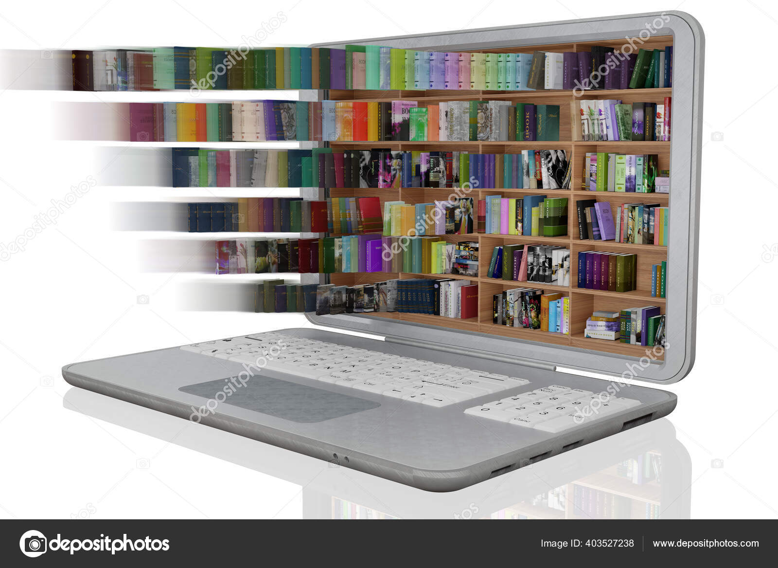 Иллюстрация Библиотека Большим Количеством Книг Внутри Ноутбука.
