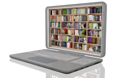 Üç boyutlu illüstrasyon. Bir sürü kitabı olan bir kütüphane, bir dizüstü bilgisayarın içinde. Eserler, elektronik kitaplar, taşınabilir bilgisayar aygıtına indirmek için kullanılabilir