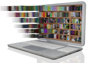 Üç boyutlu illüstrasyon. Bir sürü kitabı olan bir kütüphane, bir dizüstü bilgisayarın içinde. Eserler, elektronik kitaplar, taşınabilir bilgisayar aygıtına indirmek için kullanılabilir
