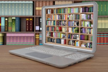Üç boyutlu illüstrasyon. Bir sürü kitabı olan bir kütüphane, bir dizüstü bilgisayarın içinde. Eserler, elektronik kitaplar, taşınabilir bilgisayar aygıtına indirmek için kullanılabilir