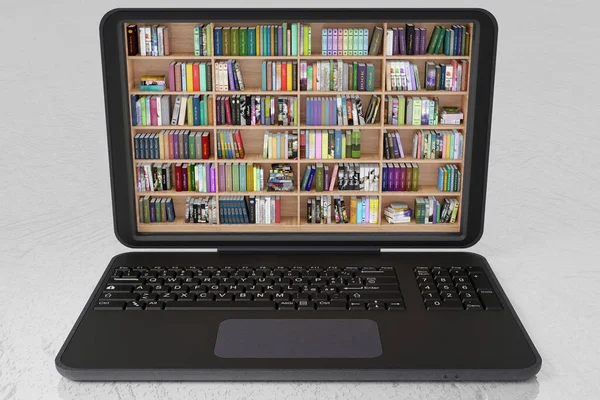 3D illustration. Library, with lots of books, inside a laptop. Ebooks, electronic books, available for download on portable computing device