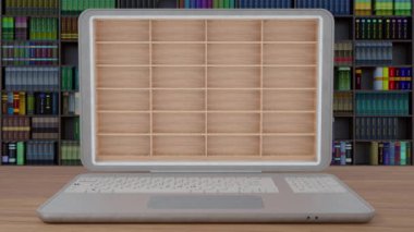 Videolar. Üç boyutlu illüstrasyon. Bir sürü kitabı olan bir kütüphane, bir dizüstü bilgisayarın içinde. E-kitaplar, elektronik kitaplar, taşınabilir bilgisayar aygıtından indirilebilir..