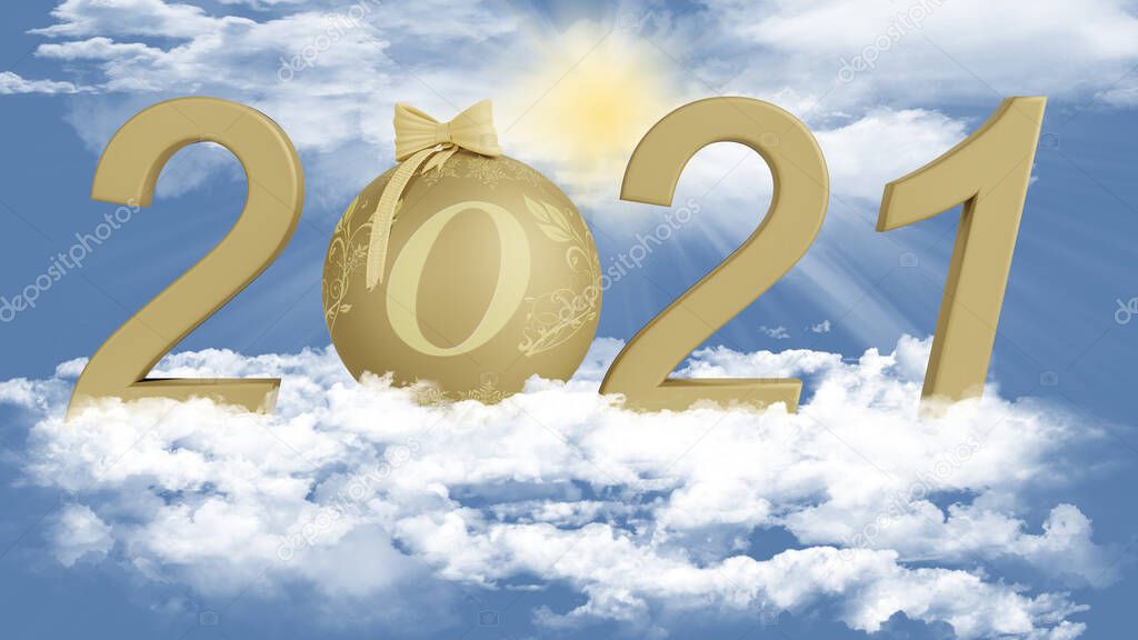 3d illustration. New Year 2021. New Year, 2021 in numbers, to celebrate the arrival of the new year, suspended in the sky among the clouds