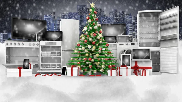 Illustration Christmas Tree Decorated Green Snow Christmas Technology Gifts Appliances — Stock Photo, Image