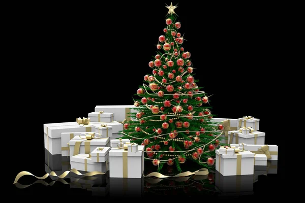 黒の背景に飾られたクリスマスツリーとギフト — ストック写真