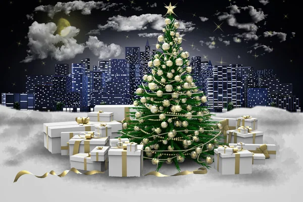 3D illustration. Decorated Christmas tree and gifts during a snowfall, against the backdrop of the city skyline