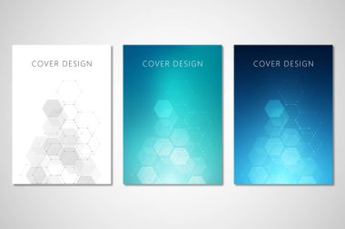 Vektör kapakları veya Tıp, bilim ve dijital teknoloji broşürü. Altıgen yanarak bahislerin doğru tasarımı ile geometrik arka plan. Moleküler yapısı ve kimyasal bileşikler.