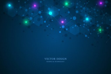 Moleküler yapı arka plan ve iletişim. Molekül DNA 'sından soyut bir arka plan. Bağlı çizgiler ve noktalarla tıbbi, bilim ve dijital teknoloji kavramı.