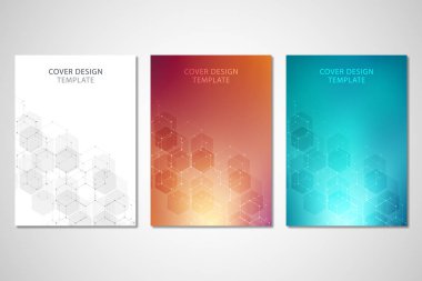 Vektör kapakları veya Tıp, bilim ve dijital teknoloji broşürü. Altıgen yanarak bahislerin doğru deseni ile geometrik arka plan. Moleküler yapısı ve kimyasal bileşikler.