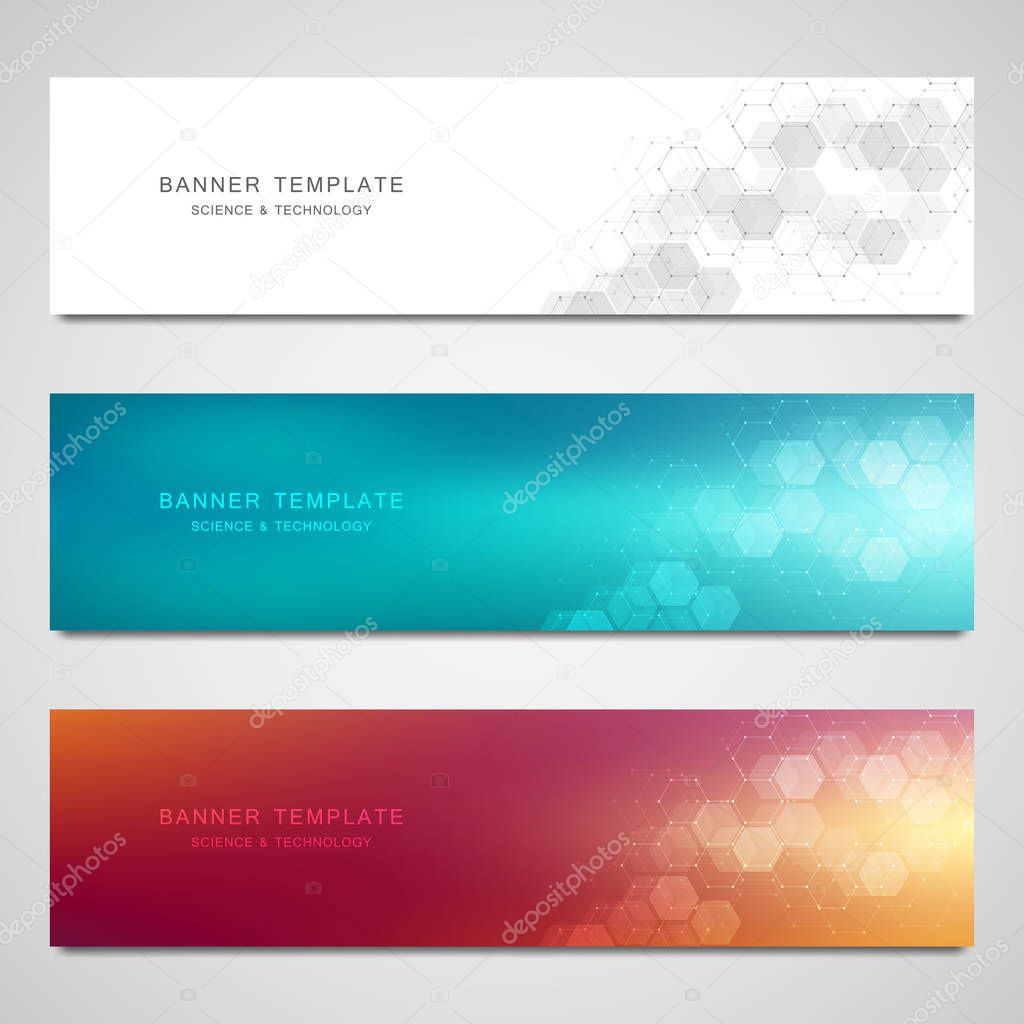 Science, medical and digital technology header or banners. Geometric abstract background with hexagons design. Molecular structure and communication vector illustration