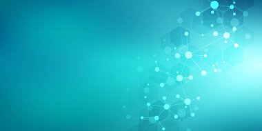 Moleküler yapı arka plan ve iletişim. Molekül DNA 'sından soyut bir arka plan. Bağlı çizgiler ve noktalarla tıbbi, bilim ve dijital teknoloji kavramı.