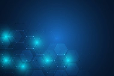 Altıgen öğeleri soyut bilim ve teknoloji kavramı. Altıgen yanarak bahislerin doğru deseni ile poligonal geometrik tasarım. Yüksek teknoloji dijital arka plan, vektör çizim