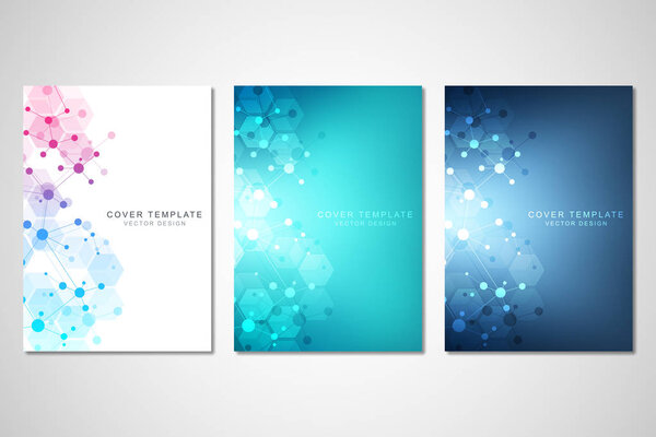 Векторный шаблон для брошюры или обложки с молекулярной структурой фона и соединенных линий и точек. Медицина, наука и цифровые технологии
