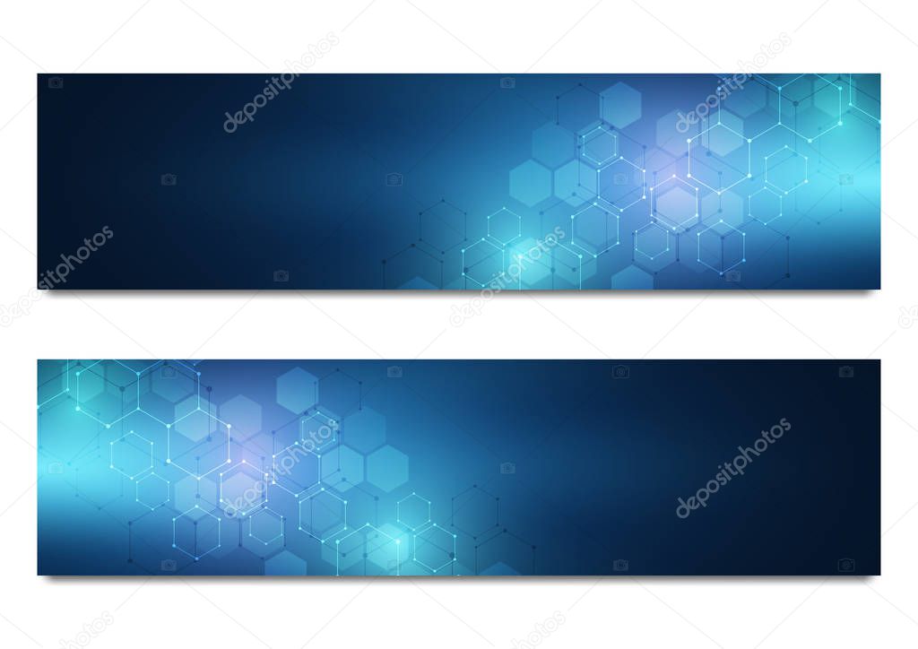 Vector banners for science and digital technology. Geometric abstract background with hexagons design. Molecular structure and chemical compounds