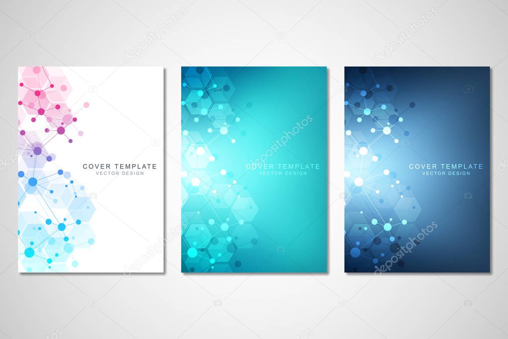 Vector template for brochure or cover with molecular structure background and connected lines and dots. Medicine, science and digital technology concept