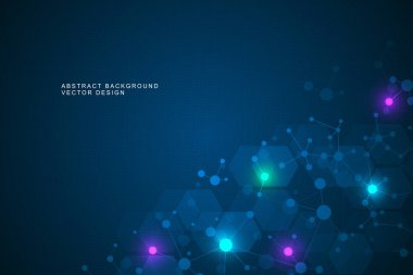 Moleküler yapı arka plan ve iletişim. Molekül DNA 'sından soyut bir arka plan. Bağlı çizgiler ve noktalarla tıbbi, bilim ve dijital teknoloji kavramı.