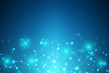 Moleküler yapı arka plan ve iletişim. Molekül DNA 'sından soyut bir arka plan. Bağlı çizgiler ve noktalarla tıbbi, bilim ve dijital teknoloji kavramı.
