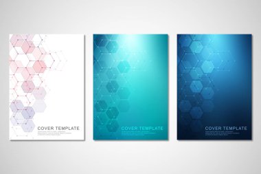 Vektör kapakları veya Tıp, bilim ve dijital teknoloji broşürü. Altıgen yanarak bahislerin doğru deseni ile geometrik arka plan. Moleküler yapısı ve kimyasal bileşikler.