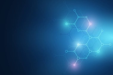 Soyut moleküler yapı ve kimyasal elementler. Tıp, bilim ve teknoloji konsepti. Altıgenlerden Geometrik arkaplan.