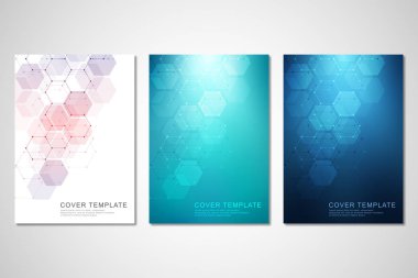 Vektör kapakları veya Tıp, bilim ve dijital teknoloji broşürü. Altıgen yanarak bahislerin doğru deseni ile geometrik arka plan. Moleküler yapısı ve kimyasal bileşikler.