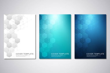 Vektör kapakları veya Tıp, bilim ve dijital teknoloji broşürü. Altıgen yanarak bahislerin doğru deseni ile geometrik arka plan. Moleküler yapısı ve kimyasal bileşikler.