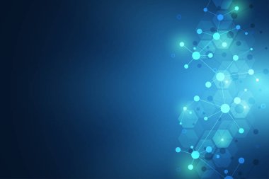 Moleküler yapısı arka plan ve iletişim. Arka plan molekülü Dna ve neural ağ ile. Yapay zeka. Bağlantılı çizgiler ve noktalar ile bilim ve teknoloji kavramı.
