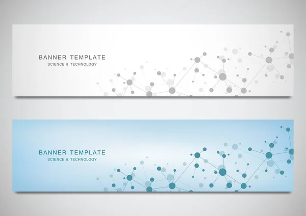 Bandeiras vetoriais e cabeçalhos para o local com fundo de moléculas e rede neural. Engenharia genética ou pesquisa laboratorial. Textura geométrica abstrata para design médico, científico e tecnológico . — Vetor de Stock