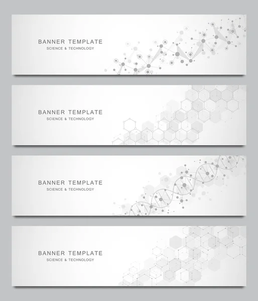 Banderas y cabeceras vectoriales para sitio con fondo de moléculas y red neuronal. Ingeniería genética o investigación de laboratorio. Textura geométrica abstracta para el diseño médico, científico y tecnológico . — Vector de stock