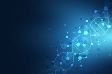 DNA ipliği ve moleküler yapı. Genetik mühendisliği ya da laboratuvar araştırması. Tıbbi veya bilimsel ve teknolojik tasarım için arkaplan dokusu.