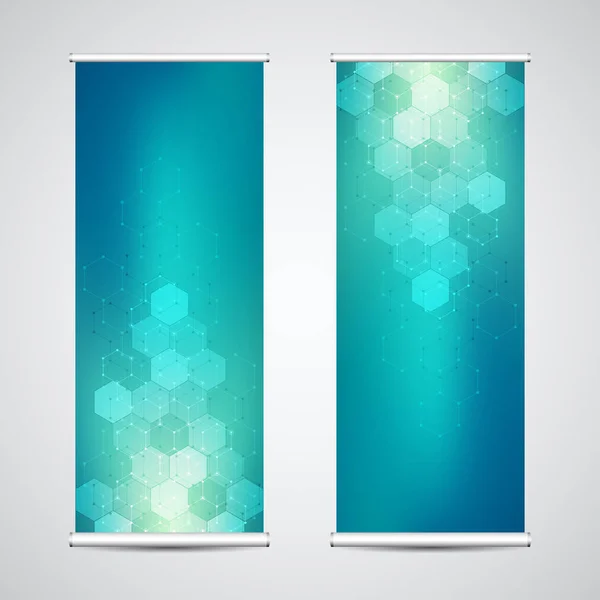 Roll up banner stands with abstract geometric background of hexagons pattern. Hi-tech digital background. Vector illustration for technological or scientific modern design. — Stock Vector