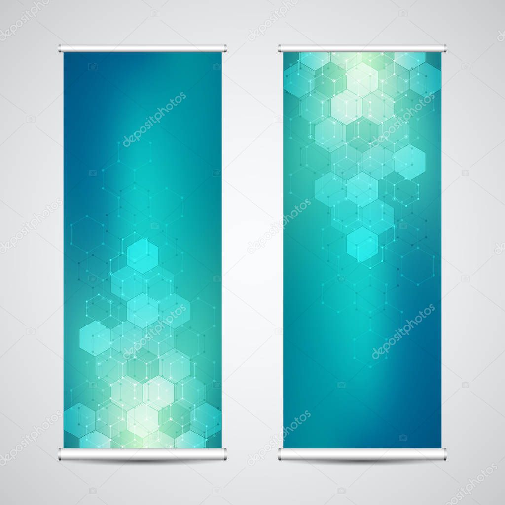 Roll up banner stands with abstract geometric background of hexagons pattern. Hi-tech digital background. Vector illustration for technological or scientific modern design.