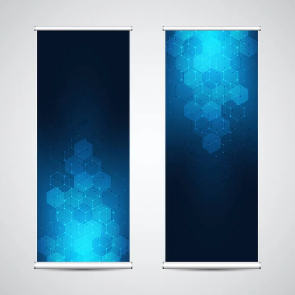 Roll up banner stands with abstract geometric background of hexagons pattern. Hi-tech digital background. Vector illustration for technological or scientific modern design. — Stock Vector