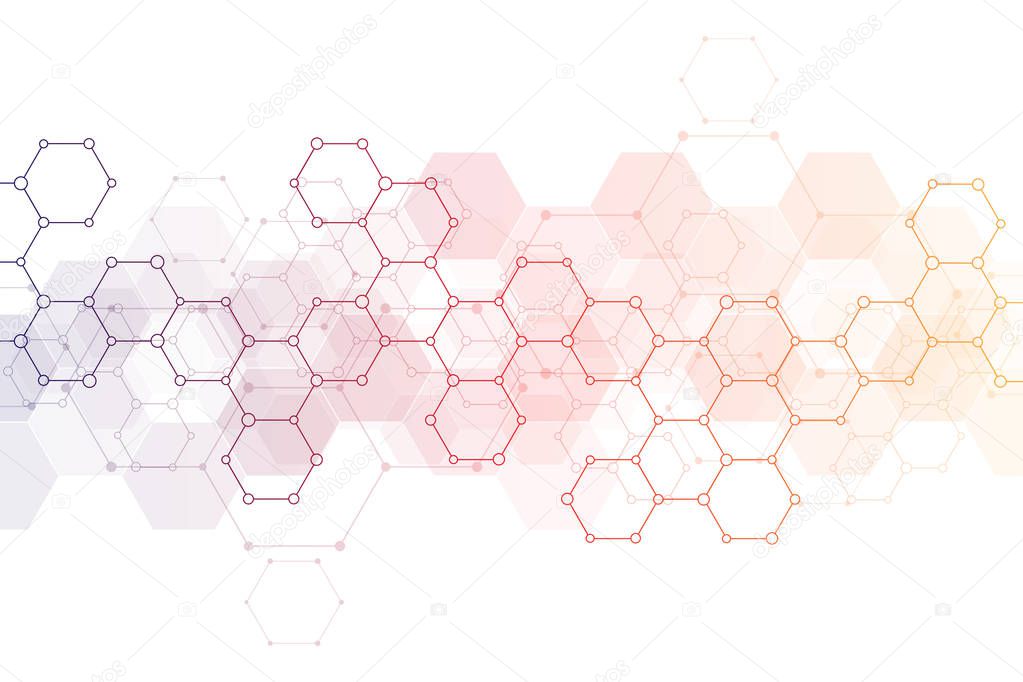 Geometric background texture with molecular structures and chemical engineering. Abstract background of hexagons pattern. Vector illustration for medical or scientific and technological modern design.