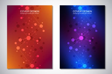 Kapak veya broşür, moleküller arka plan ve neural ağ için vektör şablonları. Bağlantılı çizgilerin ve noktaların geometrik arka plan. Bilim ve teknoloji kavramı.