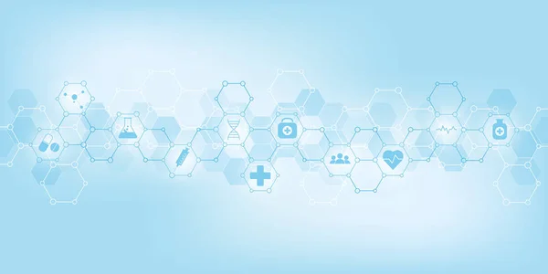 Hälso- och sjukvård bakgrund med platt ikoner och symboler. Vetenskap, medicin och innovation technology koncept. — Stock vektor