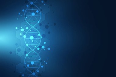 DNA ipliği ve moleküler yapı. Genetik mühendisliği ya da laboratuvar araştırması. Tıbbi veya bilimsel ve teknolojik tasarım için arkaplan dokusu.