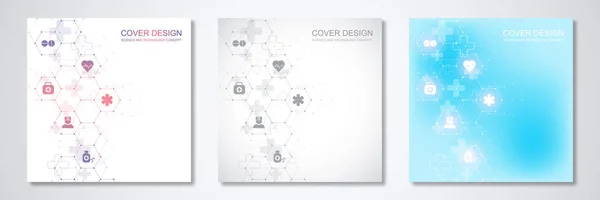 Square template brochure or cover with medical icons and symbols. Healthcare, science and innovation technology concept.