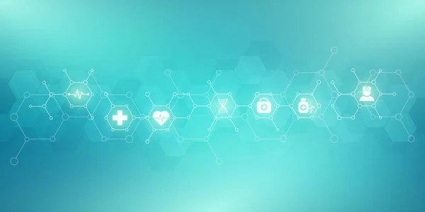 Hälso- och sjukvård bakgrund med platt ikoner och symboler. Vetenskap, medicin och innovation technology koncept. — Stock vektor