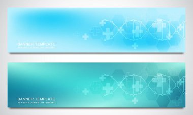 Afiş ve Dna zinciri ve moleküler yapısı ile site için üstbilgileri. Genetik Mühendisliği veya laboratuar araştırmaları. Tıp, bilim ve teknoloji tasarım için soyut geometrik doku.