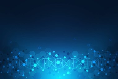 DNA ipliği ve moleküler yapı. Genetik mühendisliği ya da laboratuvar araştırması. Tıbbi veya bilimsel ve teknolojik tasarım için arkaplan dokusu.