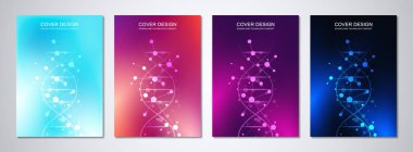 Örtü veya broşür için vektör şablonu, moleküllerin arka planı ve DNA ipliği ile. Tıbbi ya da bilimsel ve teknolojik kavram.