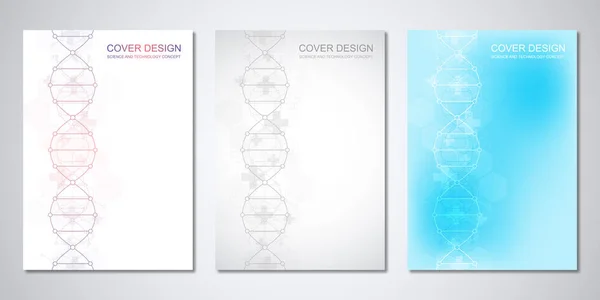 Vektorová šablona pro obal nebo brožuru, s molekulovým pozadím a DNA vláknem. Lékařský nebo vědecký a technologický koncept. — Stockový vektor