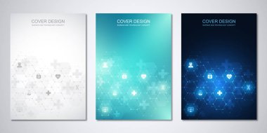 Şablon broşür ya da tıbbi simgeler ve semboller ile kapak. Sağlık, bilim ve yenilik teknoloji kavramı.